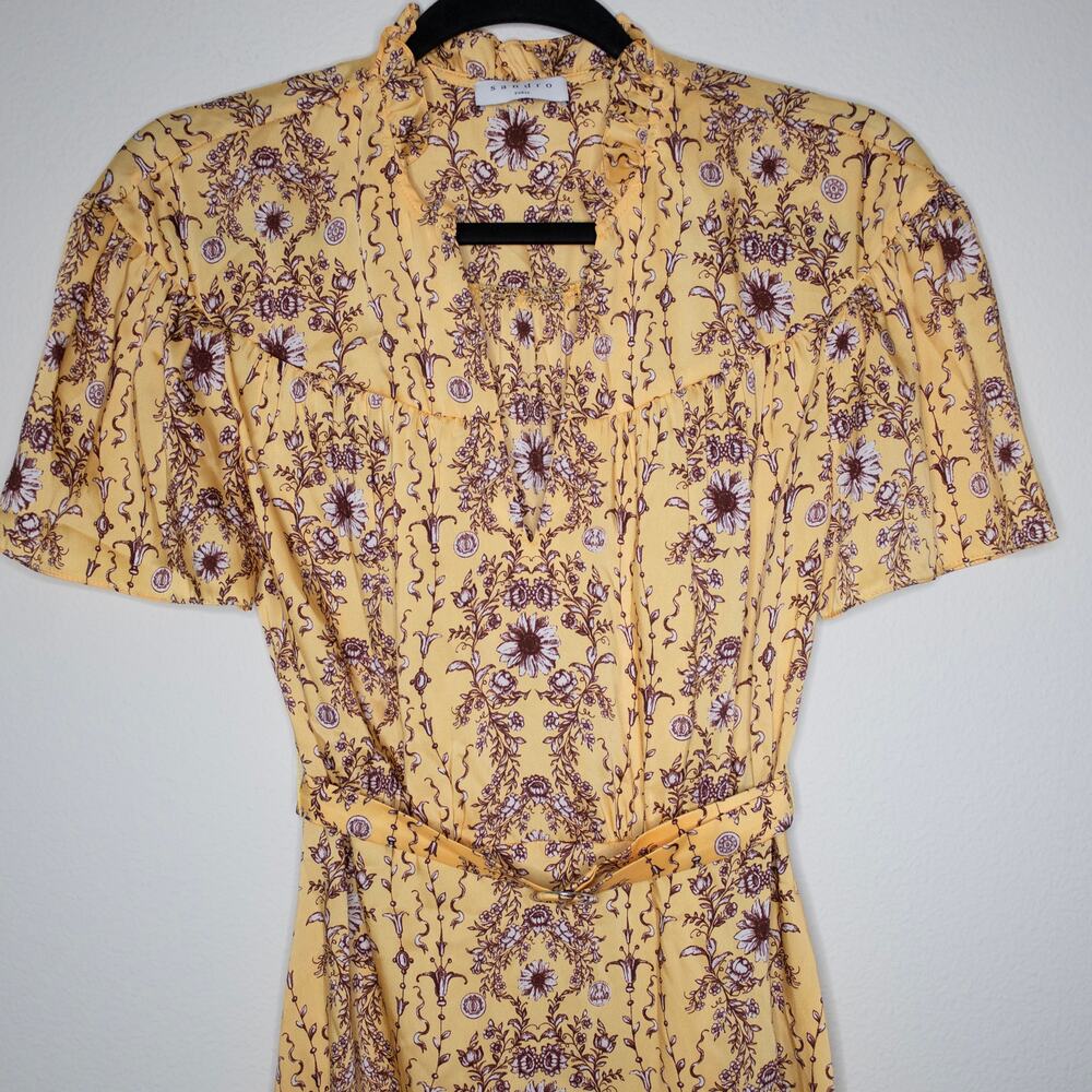 Sandro Suzette Mini Dress Yellow Floral Belted A-Line Ruffle SZ 4 US - Picture 7 of 8